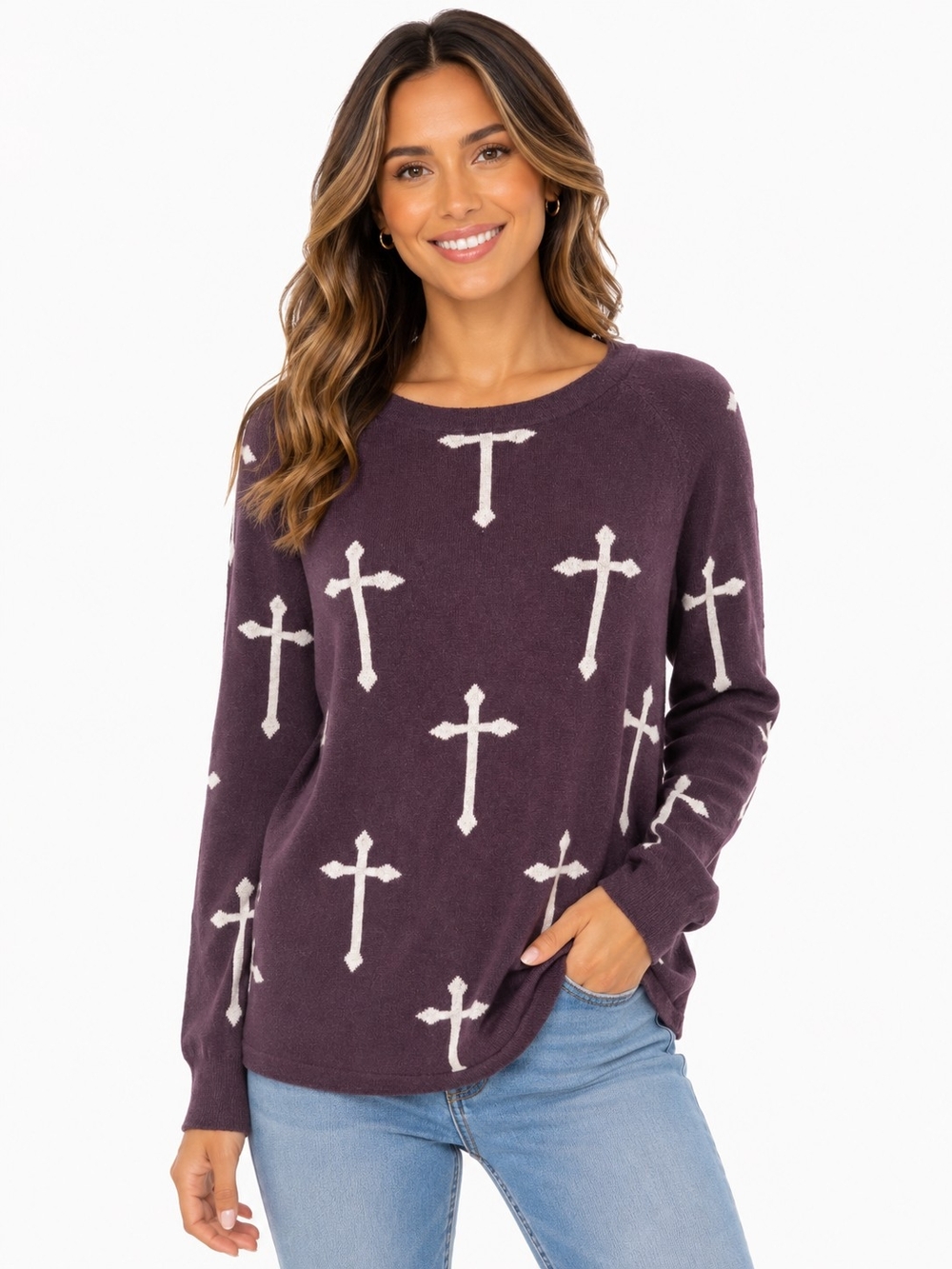 Forever 21 Plum Crewneck Sweater with Ivory Cross Pattern